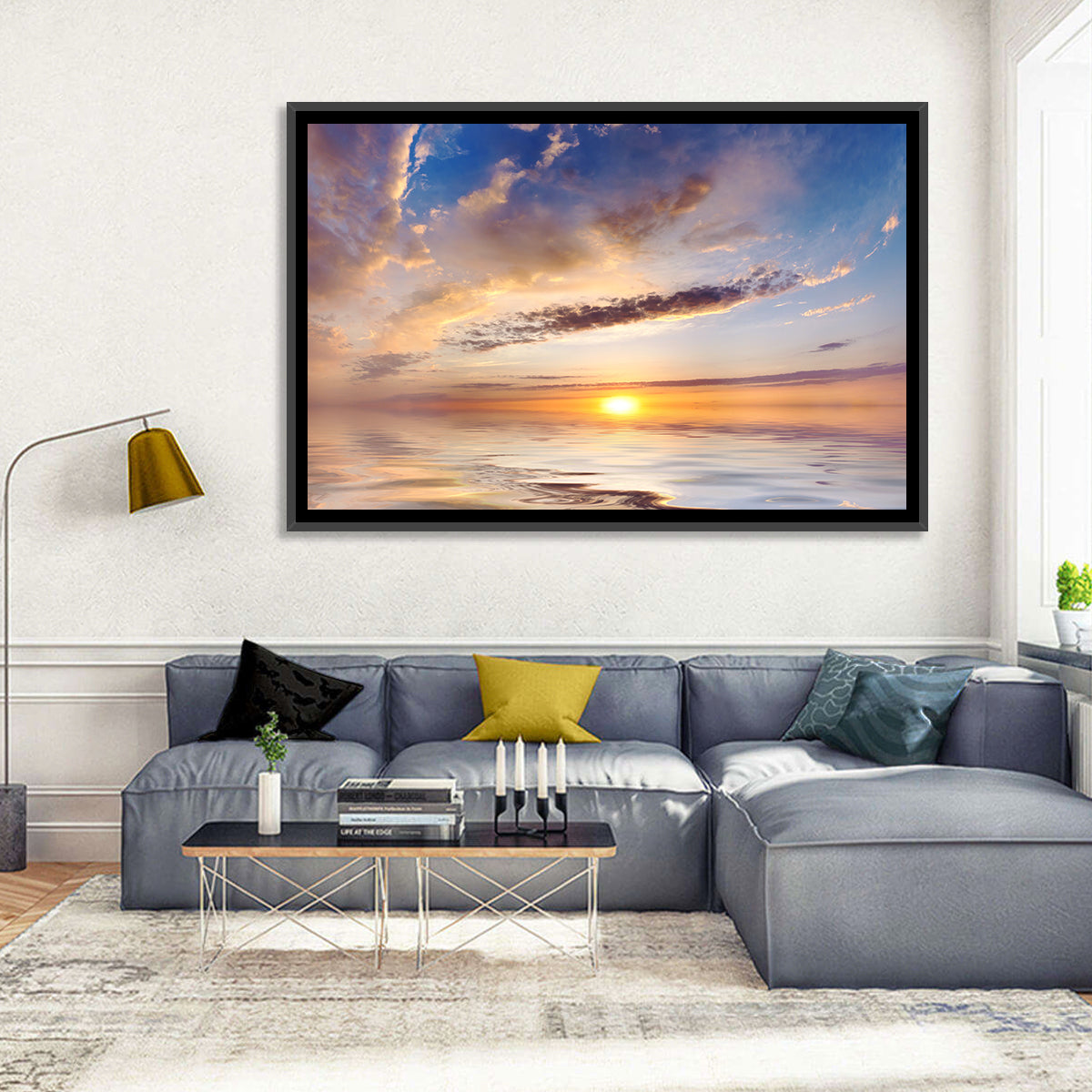 Sunlit Clouds Over Calm Sea Wall Art in a room, landscape