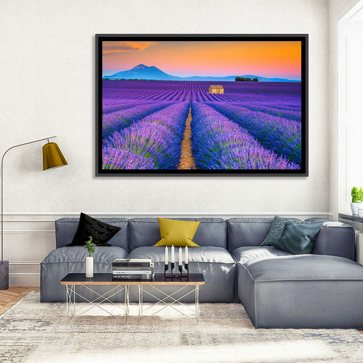 Valensole Lavender Fields at Sunset Wall Art in a room, landscape
