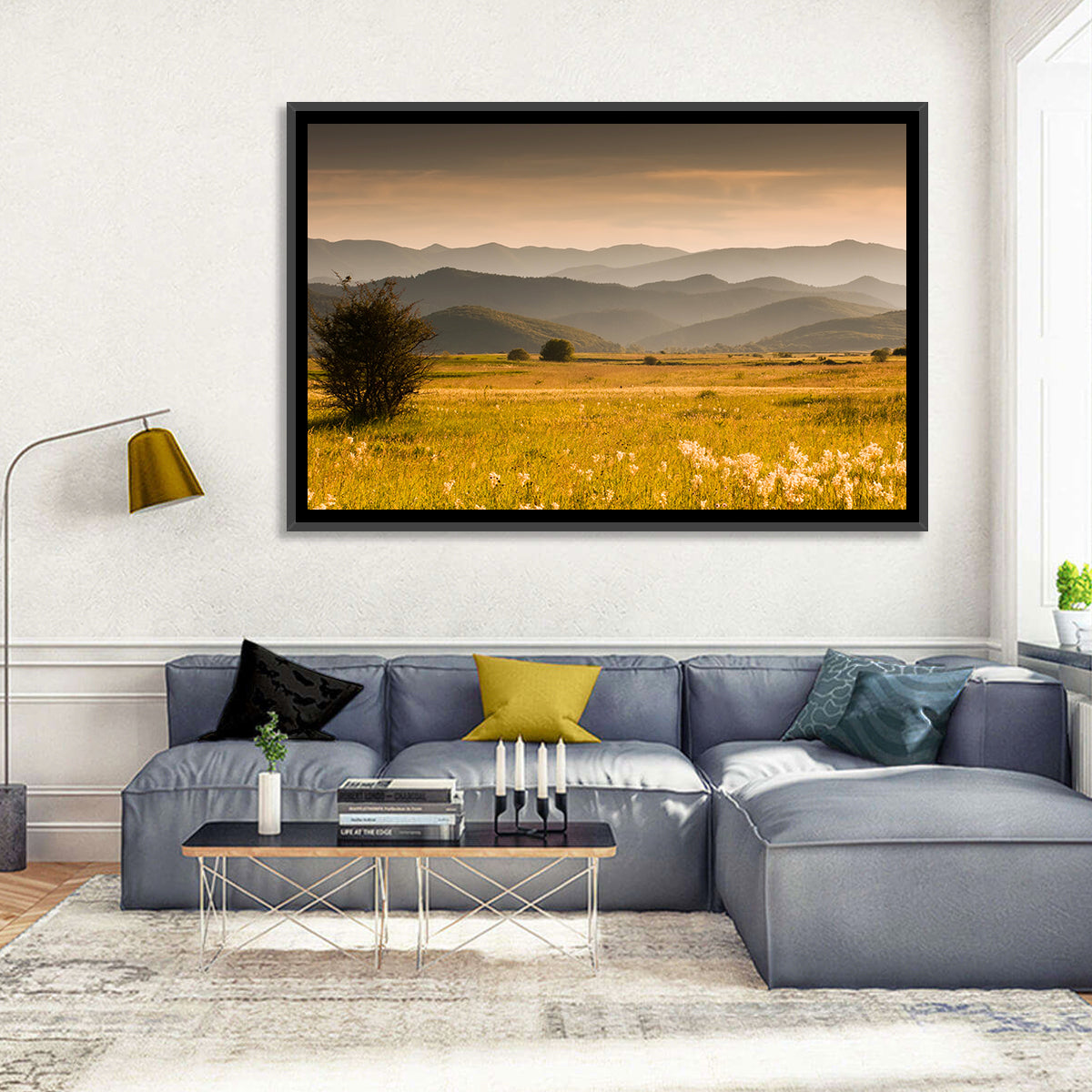 Golden Hour Countryside Hills Wall Art in a room, landscape