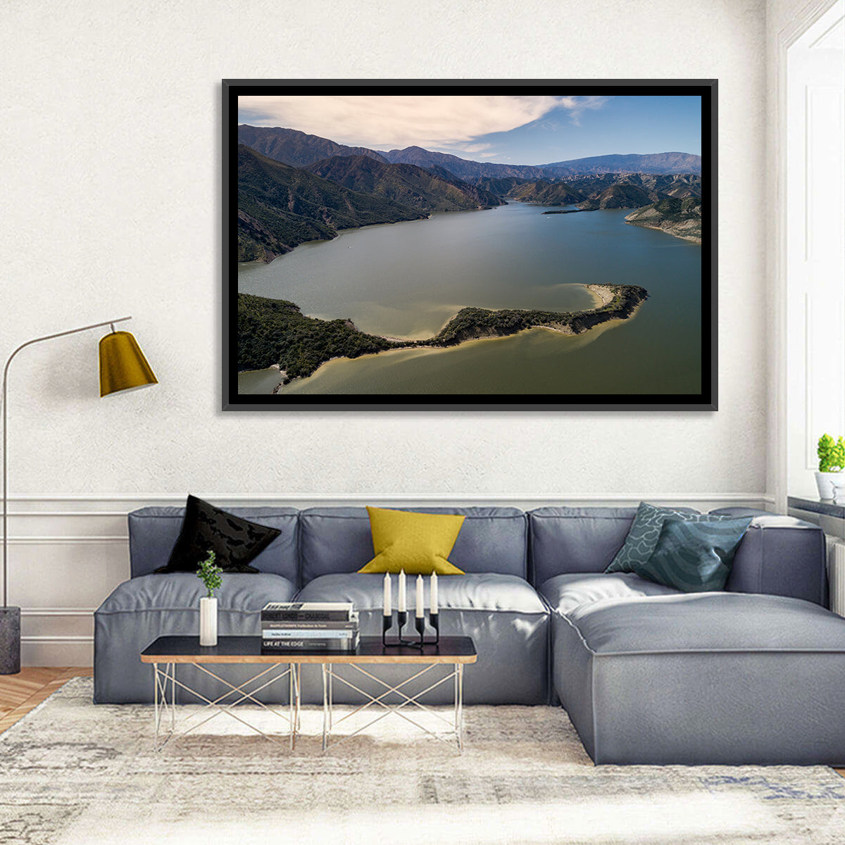 Pyramid Lake Aerial View Wall Art in a room, landscape