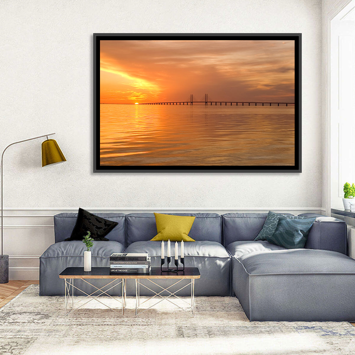 Øresund Bridge in Golden Light Wall Art in a room, landscape