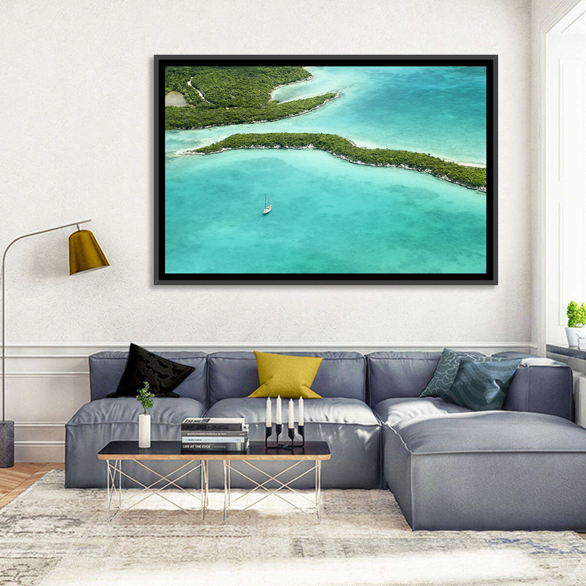 Turquoise Bahamas Islands Wall Art in a room, landscape