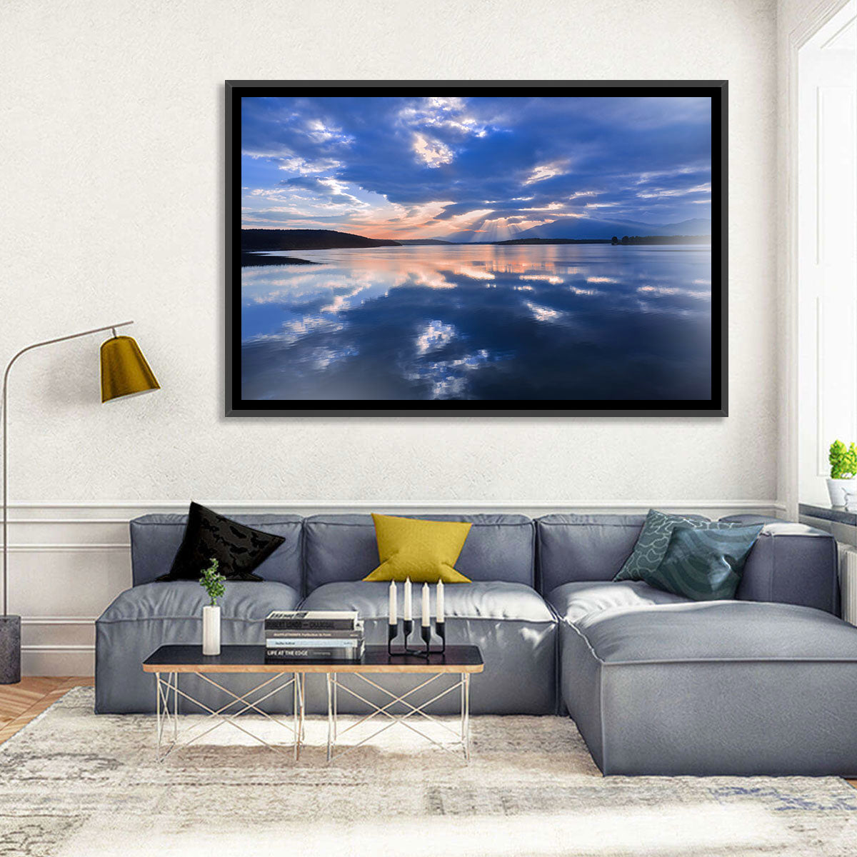 Cloudy Summer Lake Wall Art in a room, landscape