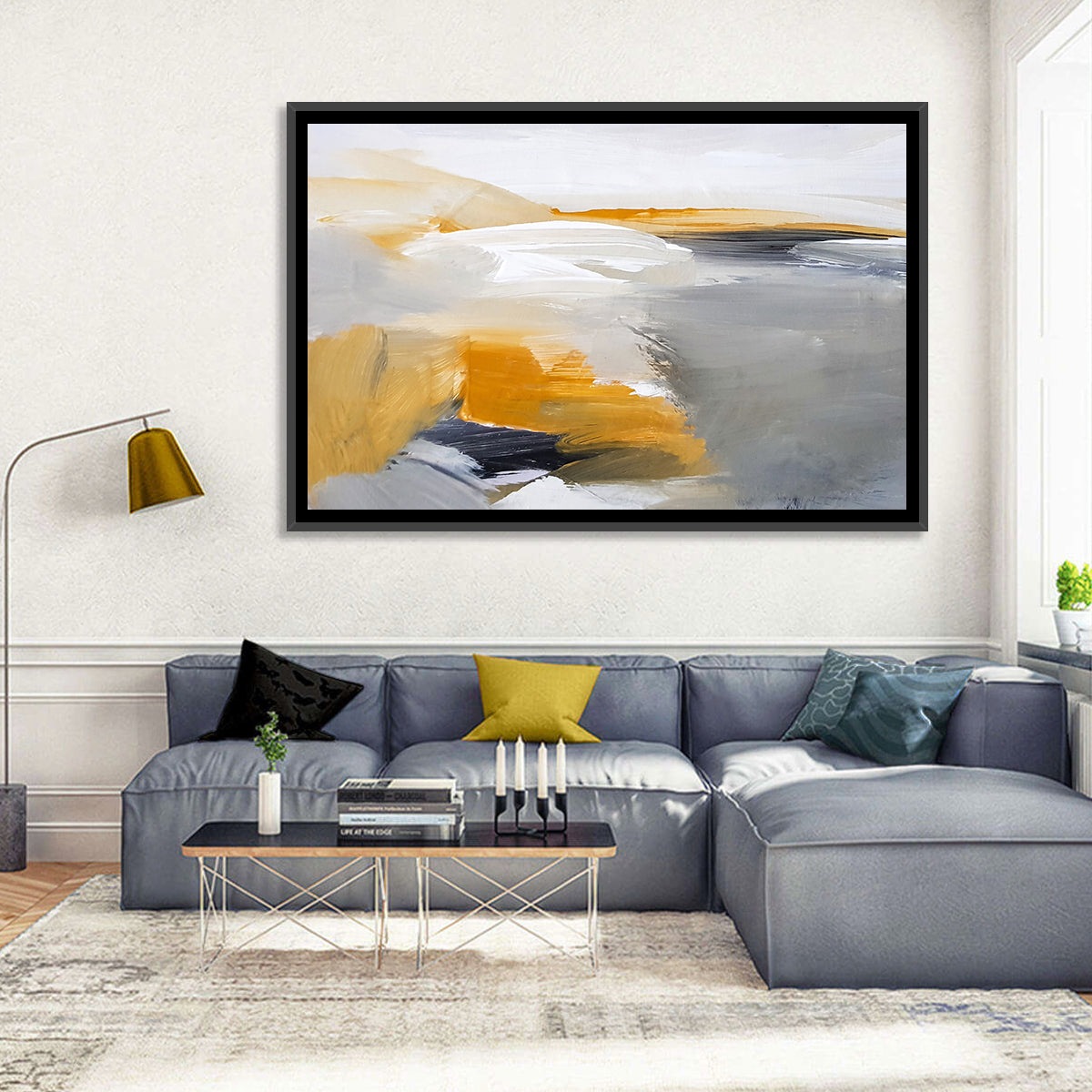White Coastal Abstract Landscape Wall Art in a room, landscape