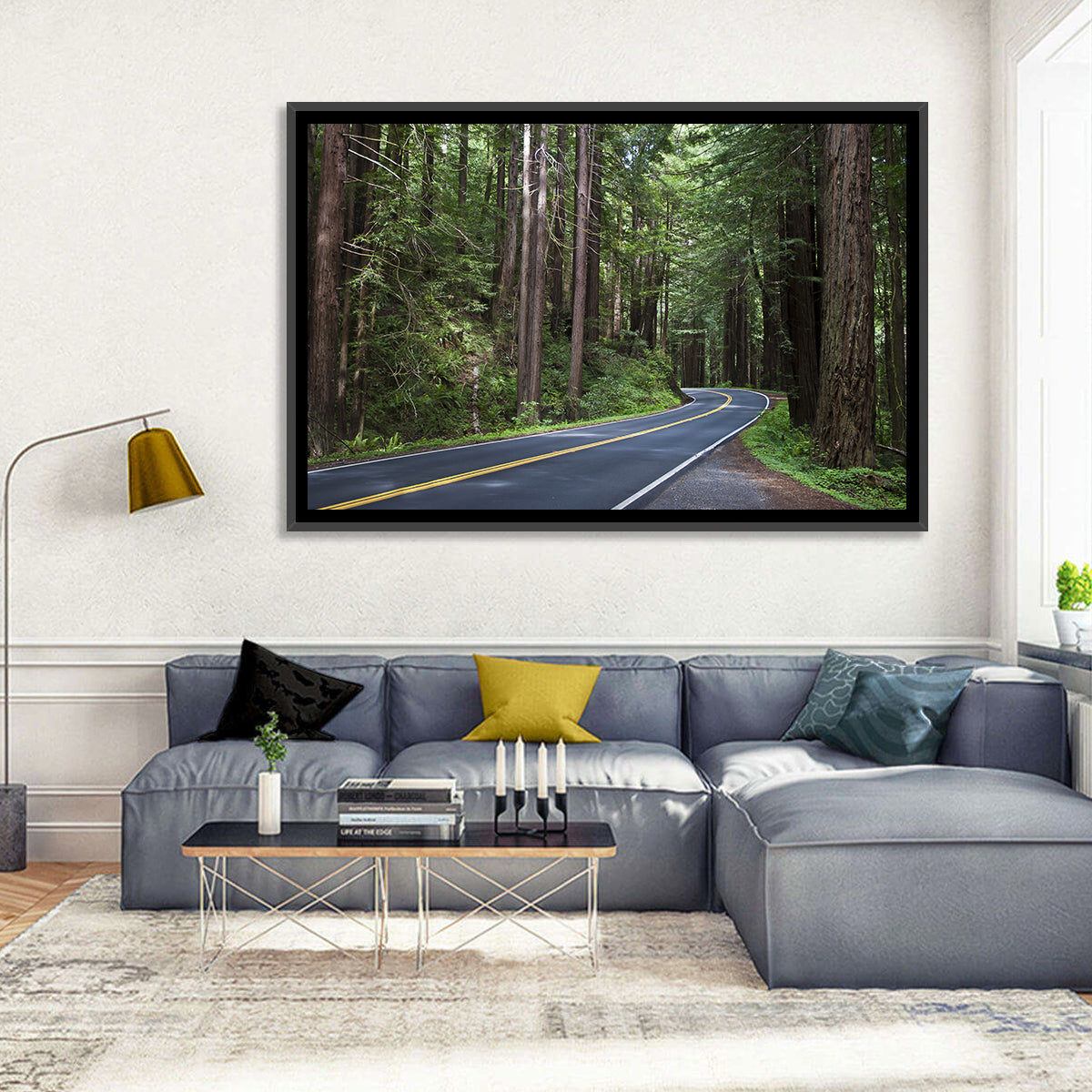 Winding Redwood Forest Road Wall Art in a room, landscape