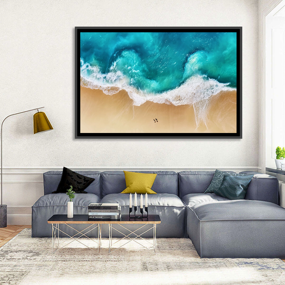 Turquoise Beach Aerial Wall Art in a room, landscape