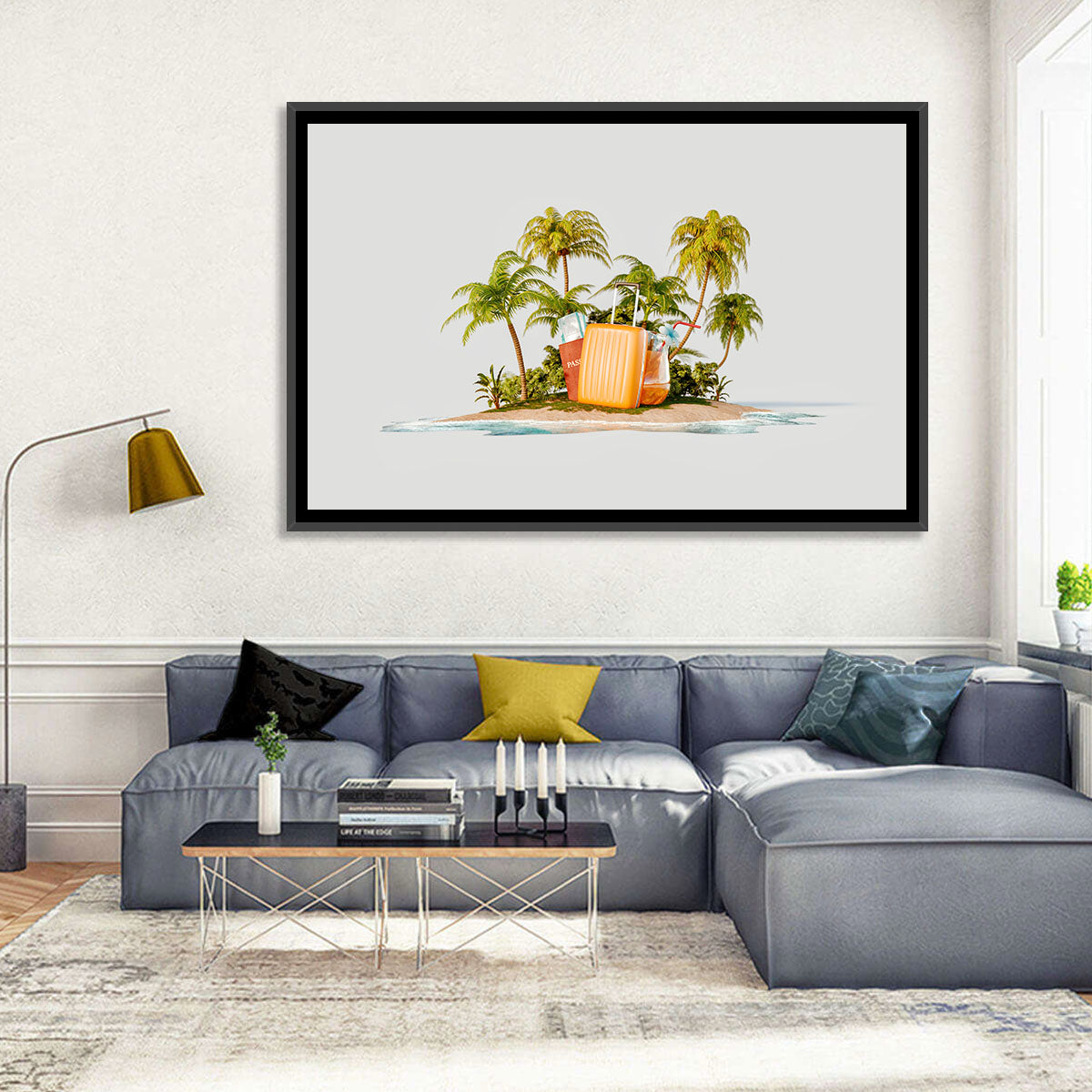 Tropical Island Vacation Illustration Wall Art in a room, landscape
