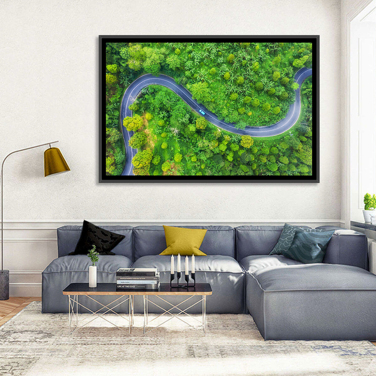 Blue Car on Summer Forest Road Wall Art in a room, landscape