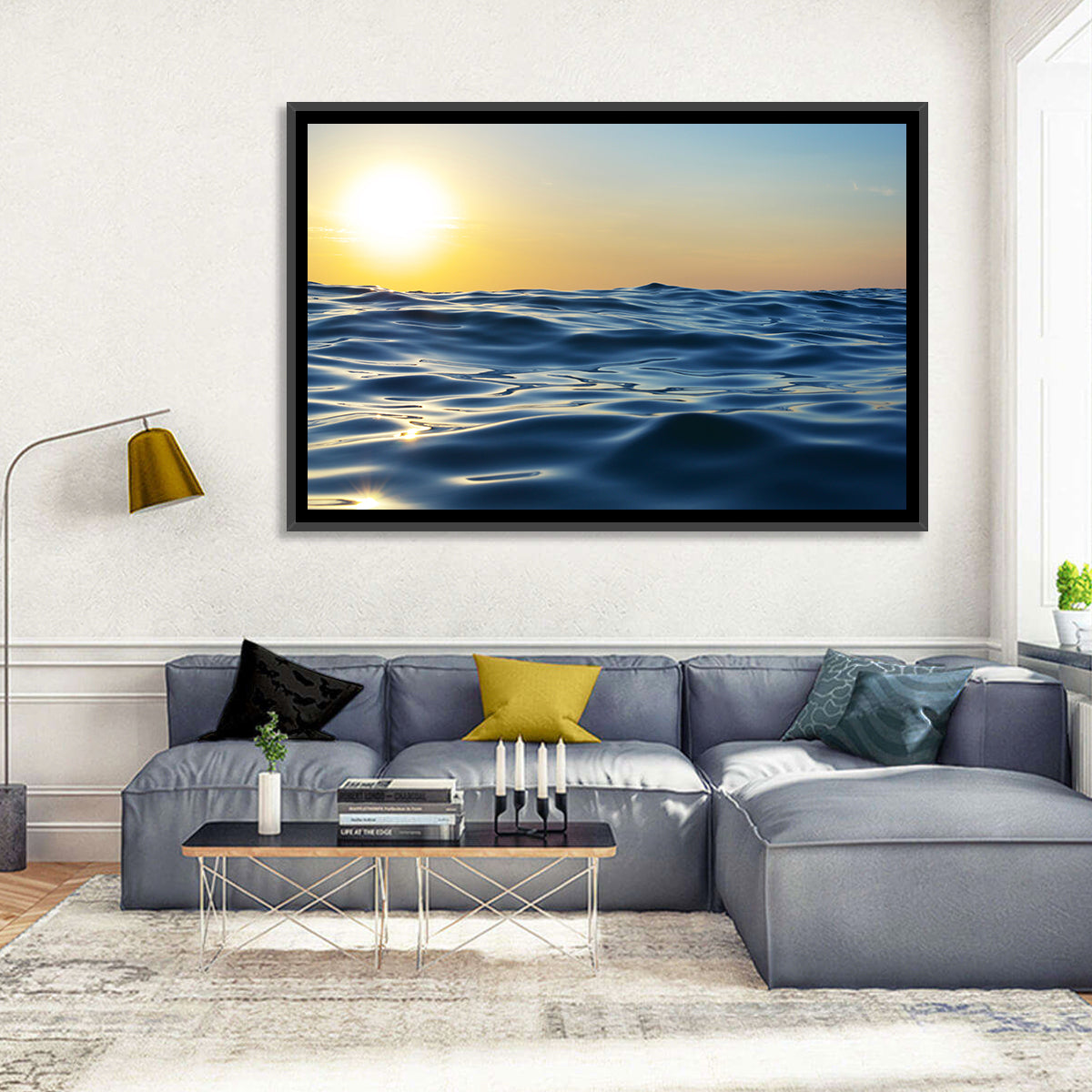Sunset Over Calm Waves Wall Art in a room, landscape