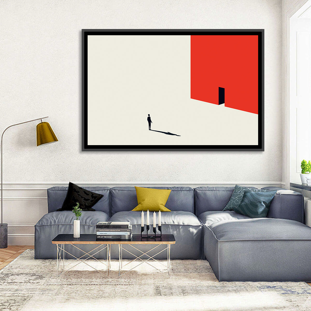 Solitary Figure with Red Door Wall Art in a room, landscape
