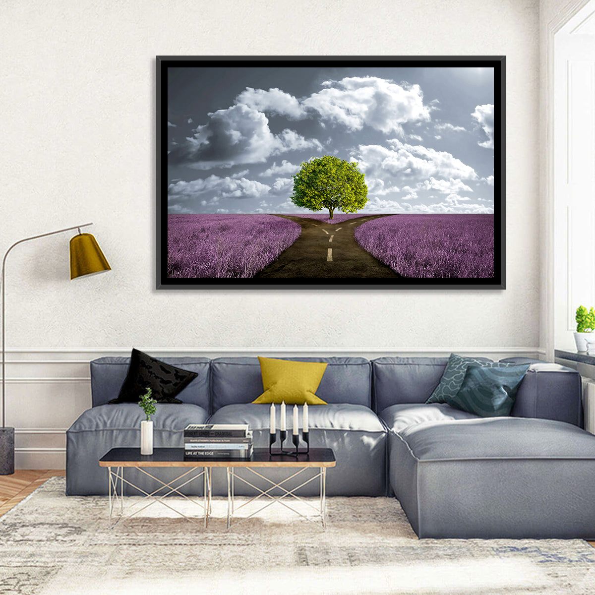 Lavender Field Crossroads with Lone Tree Wall Art in a room, landscape