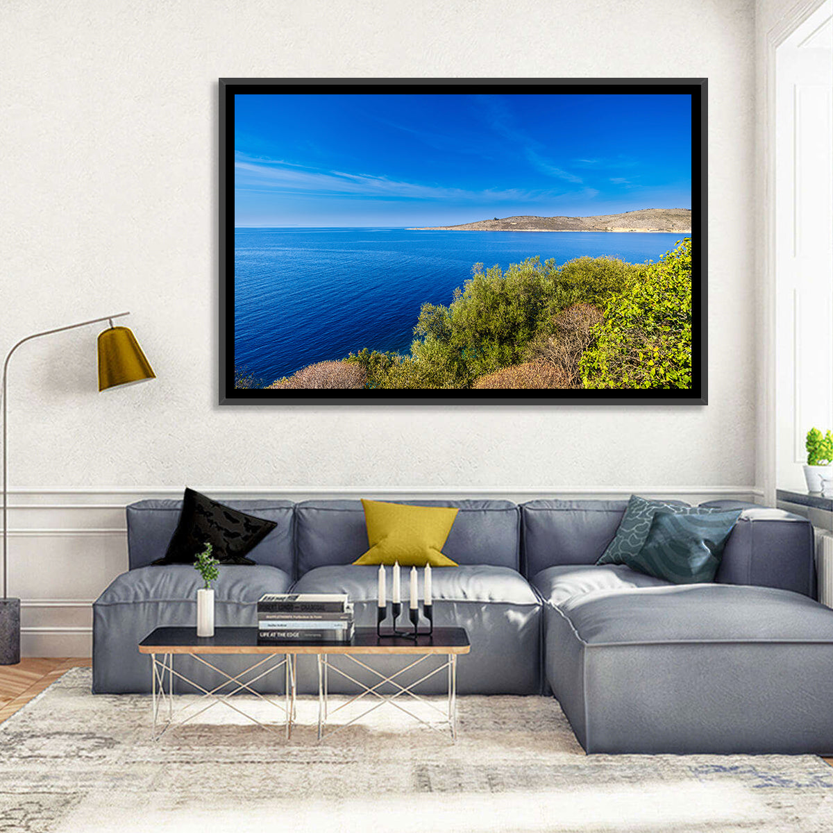 Sunlit Albanian Coastline Wall Art in a room, landscape