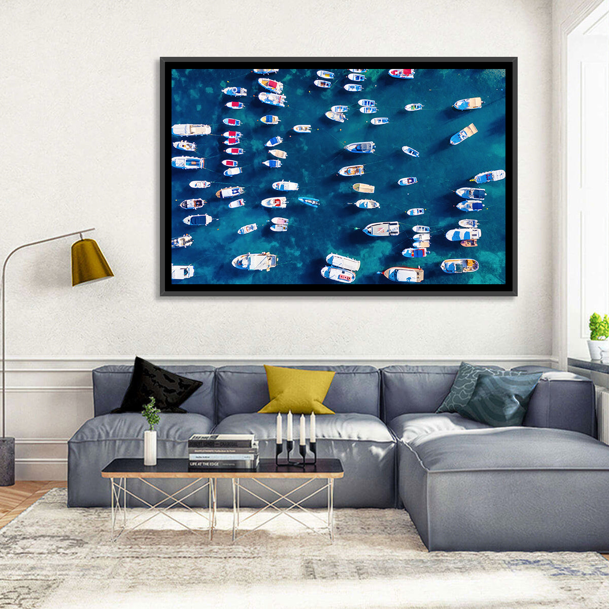 Aerial Boats Over Turquoise Sea Wall Art in a room, landscape