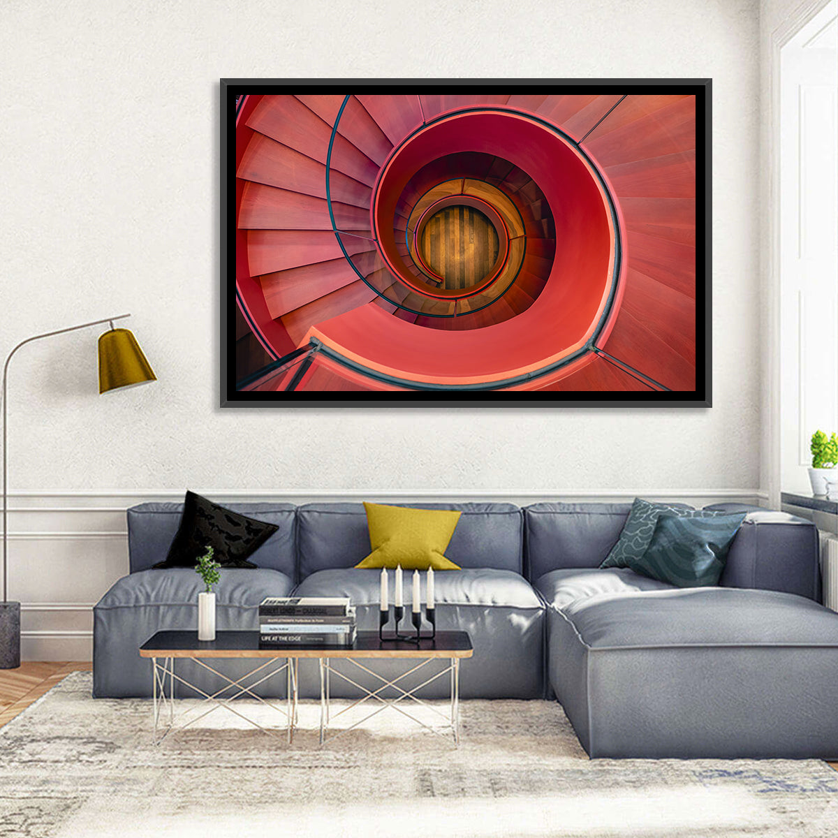 Red Spiral Staircase Wall Art in a room, landscape
