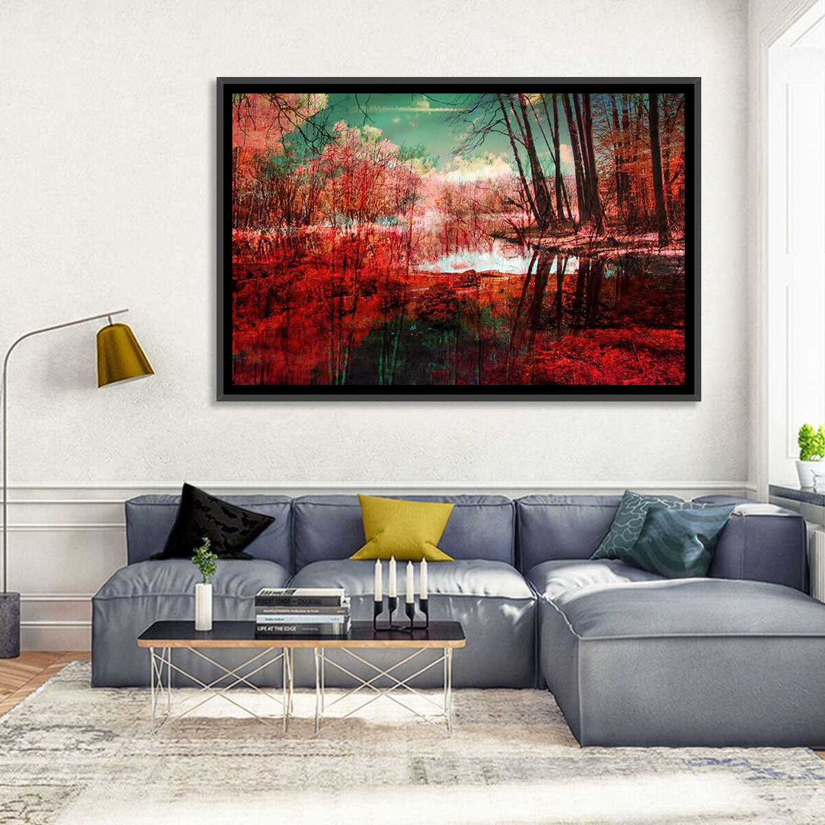 Red Forest Reflection Wall Art in a room, landscape