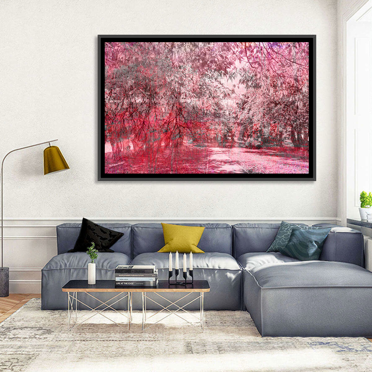 Pink Autumn Pathway Wall Art in a room, landscape