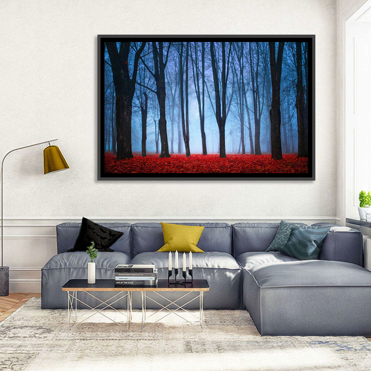 Mystical Autumn Forest Wall Art in a room, landscape