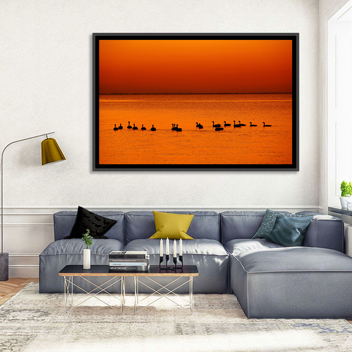 Geese Silhouettes at Orange Sunset Wall Art in a room, landscape