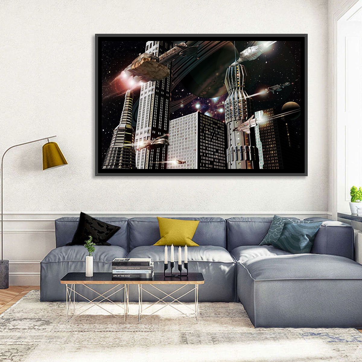 Ringed Planet Cityscape Wall Art in a room, landscape