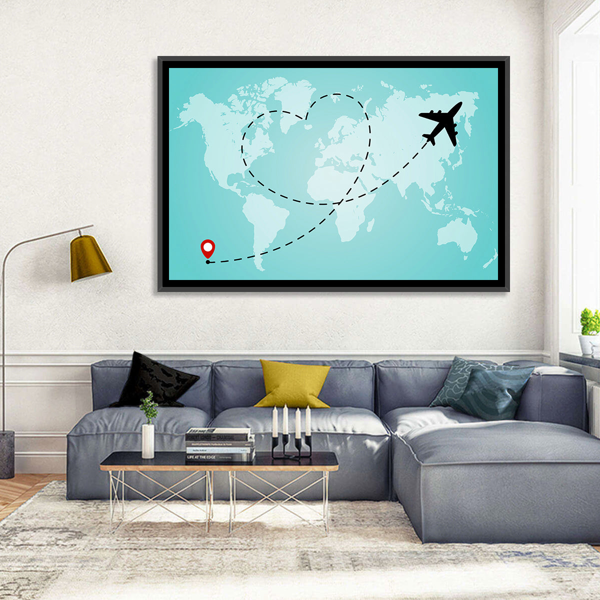 Heart Flight Map Wall Art in a room, landscape