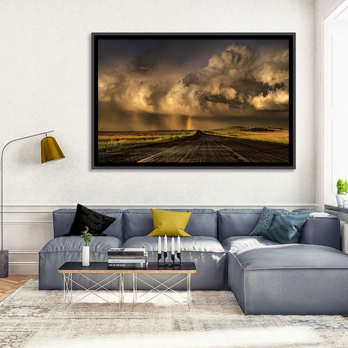 Rain-soaked Road to Rainbow Wall Art in a room, landscape