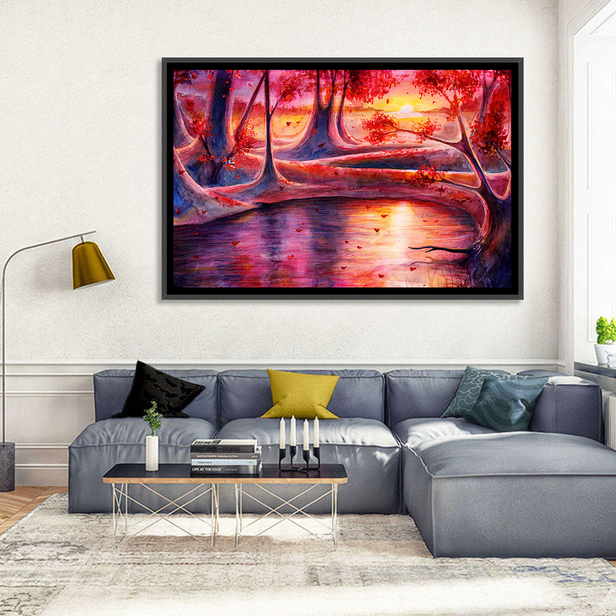 Autumn Forest Lake at Dusk Wall Art in a room, landscape