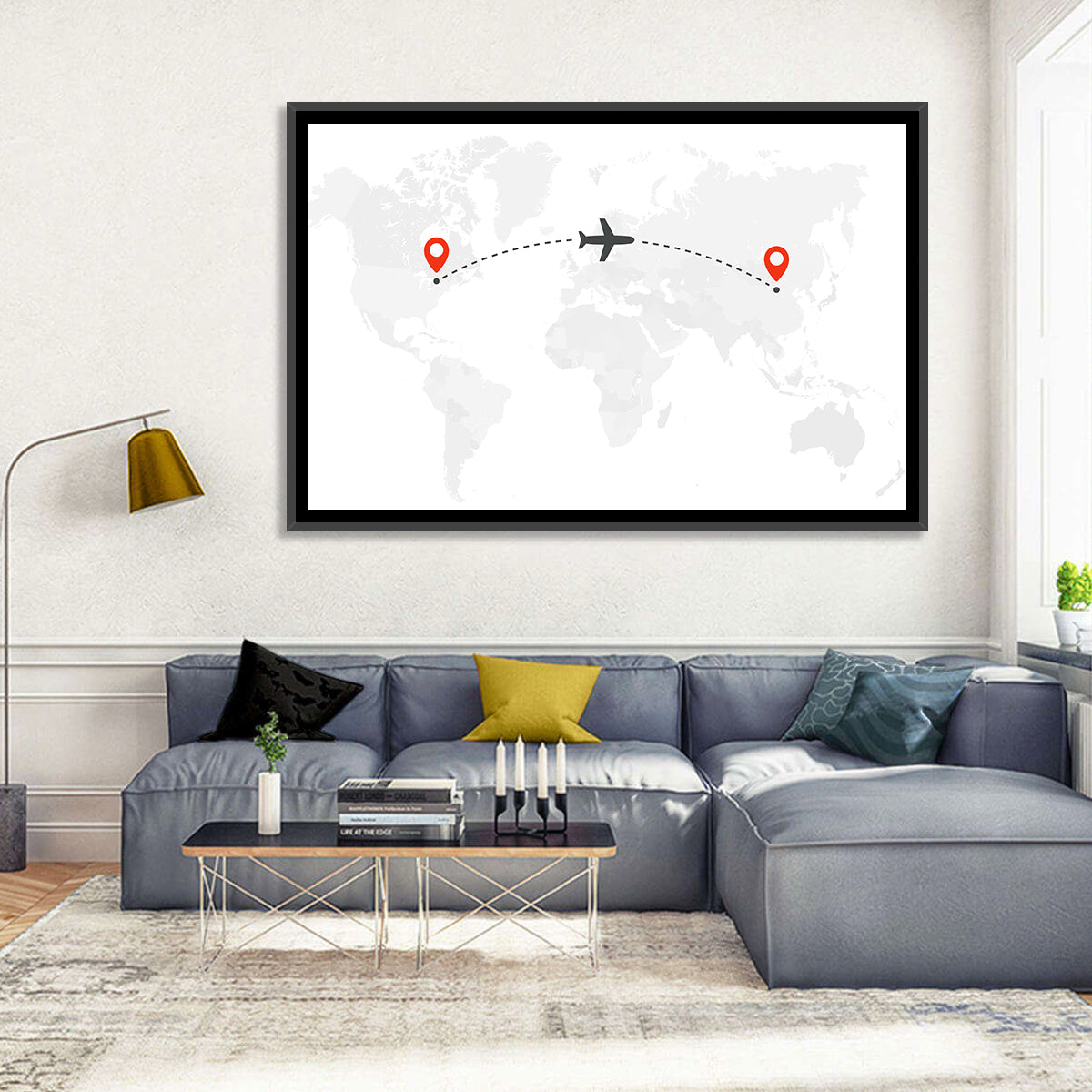 Air Travel World Map Wall Art in a room, landscape