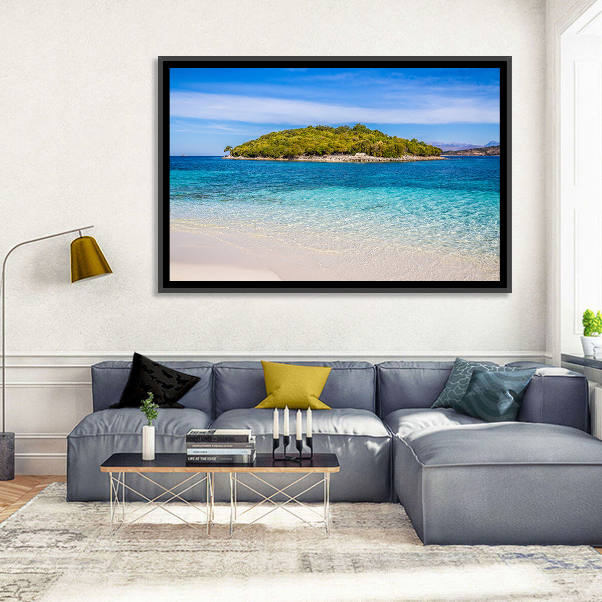 Butrint Turquoise Island Beach Wall Art in a room, landscape