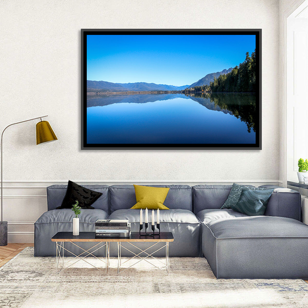 Lake Quinault Reflection Wall Art in a room, landscape