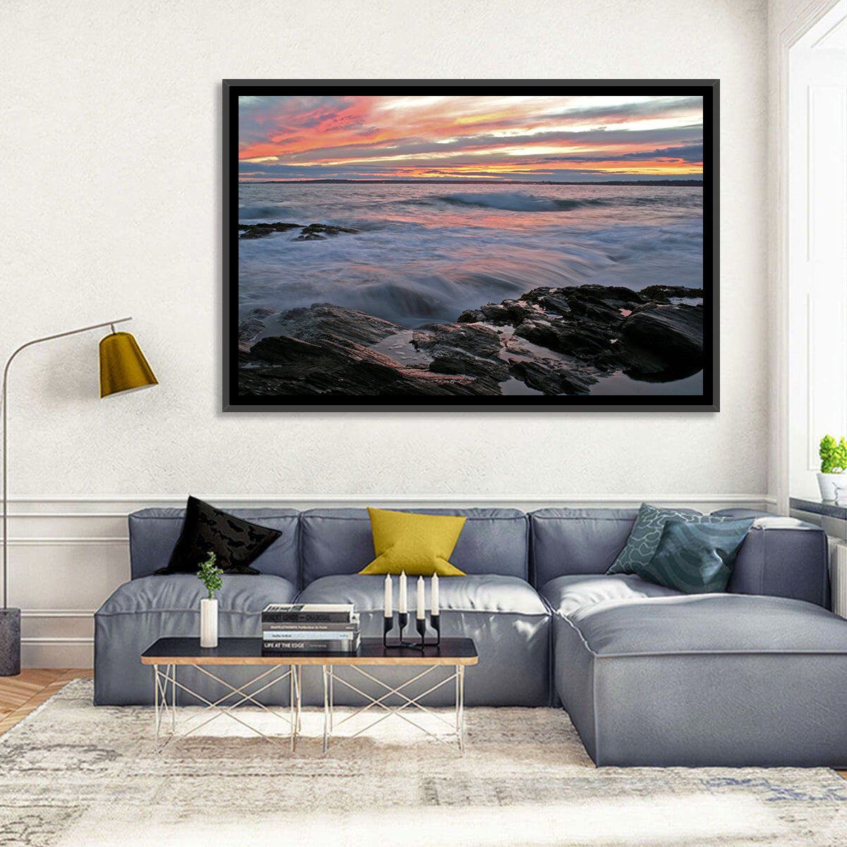 Rocky Coast Sunset Wall Art in a room, landscape