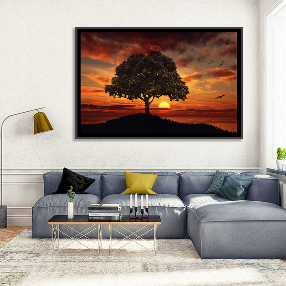 Lone Tree at Sunset with Birds Wall Art