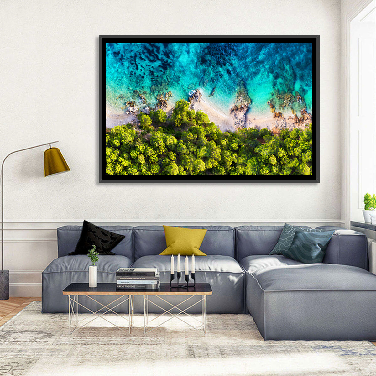 Croatian Turquoise Coastline Wall Art in a room, landscape