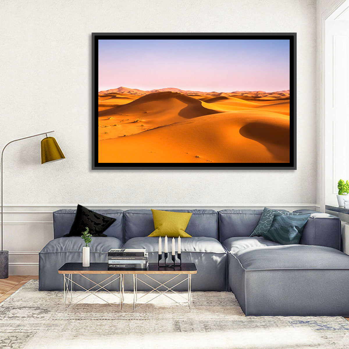 Golden Sahara Dunes Wall Art in a room, landscape