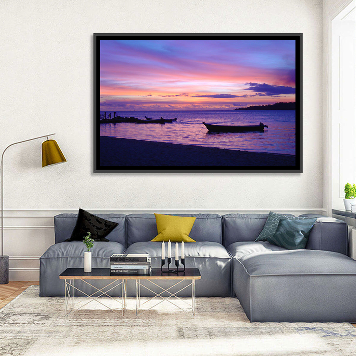 Malolo Island Sunset with Moored Boats Wall Art in a room, landscape
