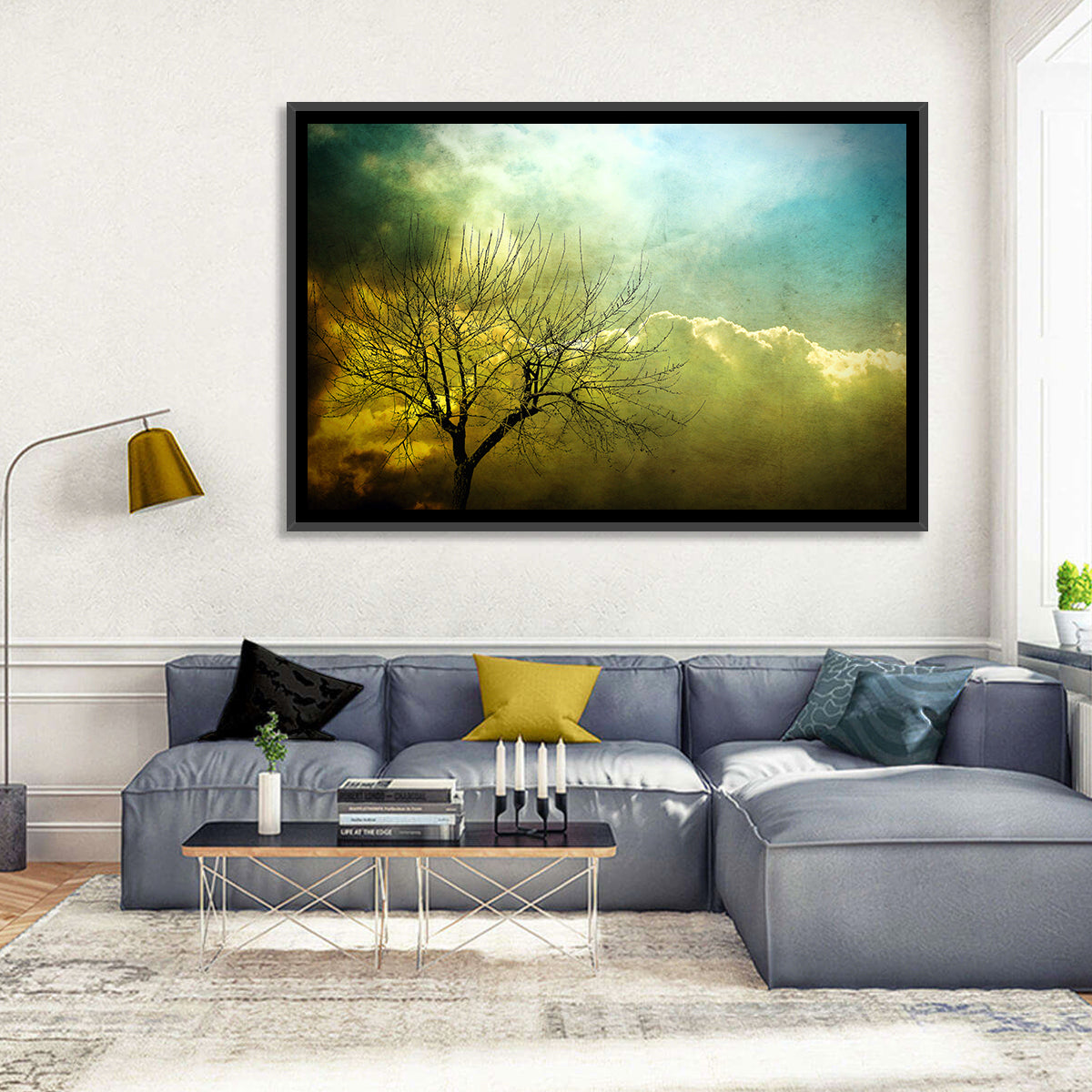 Moody Winter Tree Landscape Wall Art in a room, landscape
