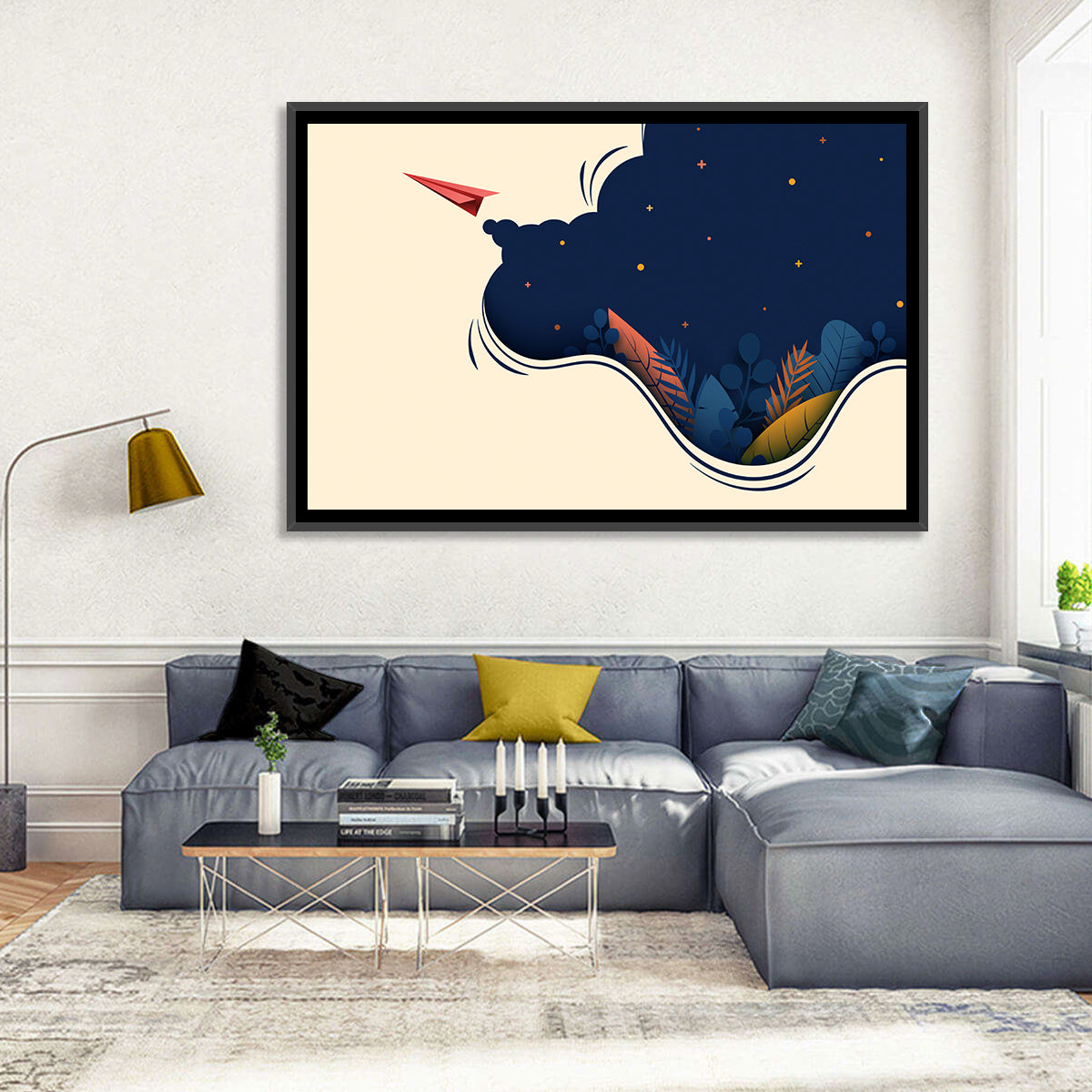 Paper Airplane in Flight Wall Art in a room, landscape