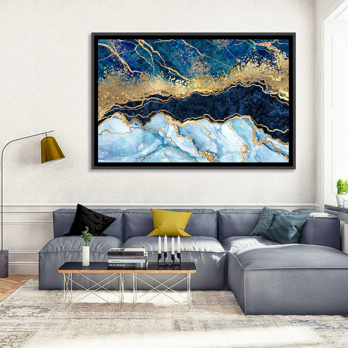 Navy Blue Marble with Gold Veins Wall Art in a room, landscape