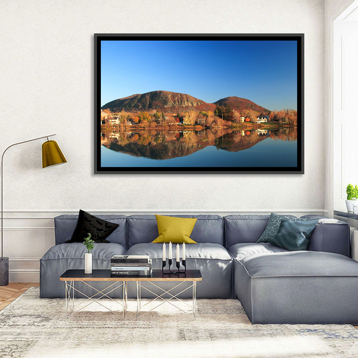 Mont Saint-hilaire Autumn Reflection Wall Art in a room, landscape