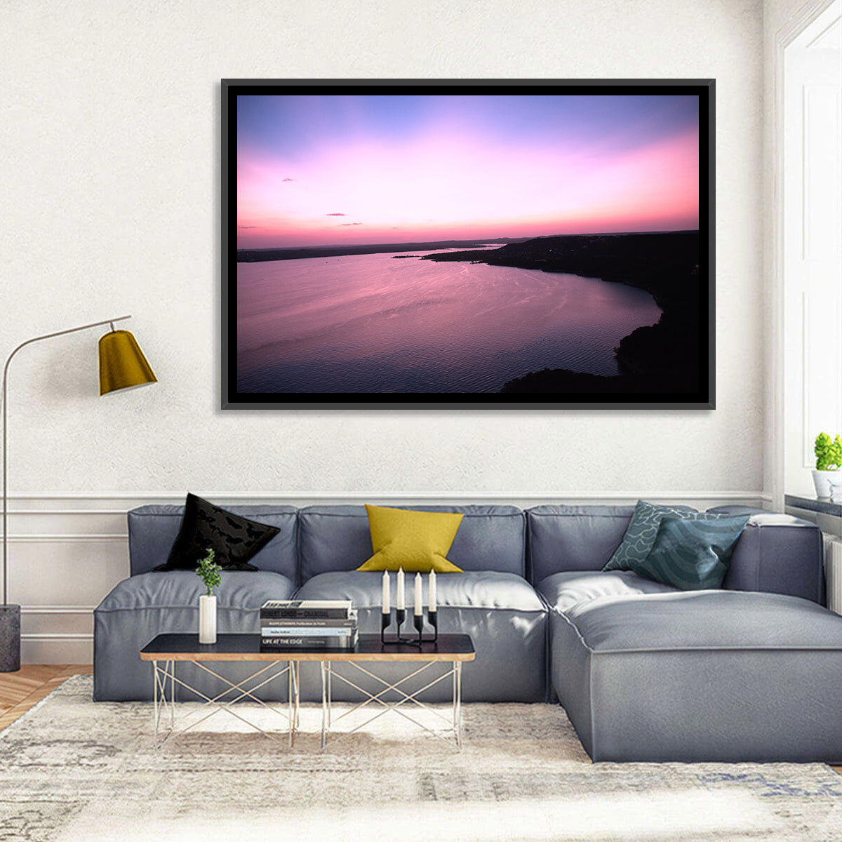 Lake Travis Purple Sunset Wall Art in a room, landscape