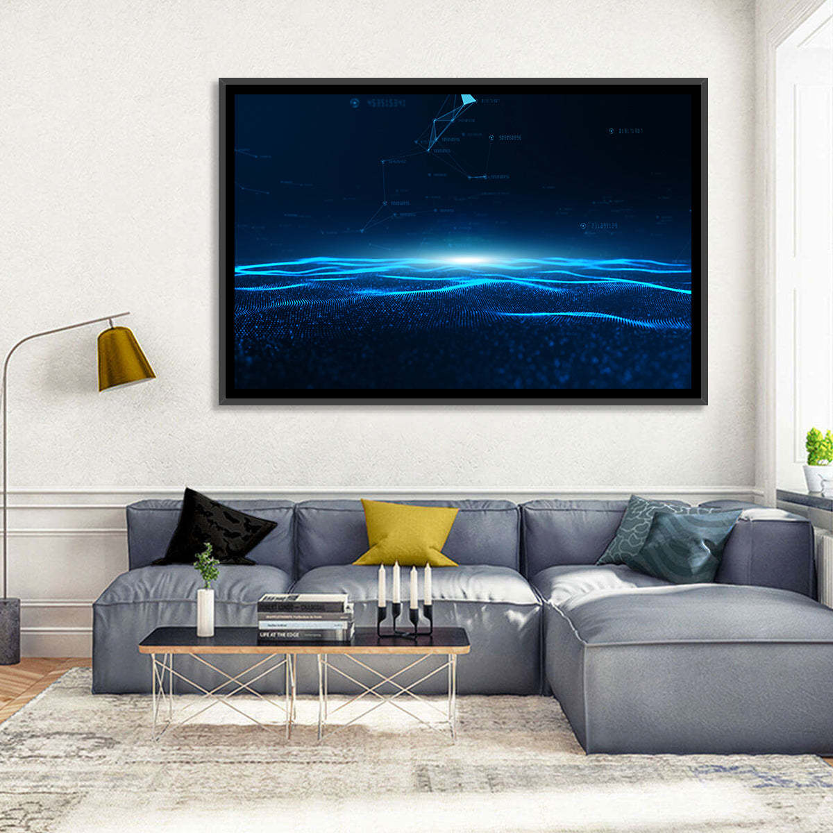 Digital Data Waves Wall Art in a room, landscape