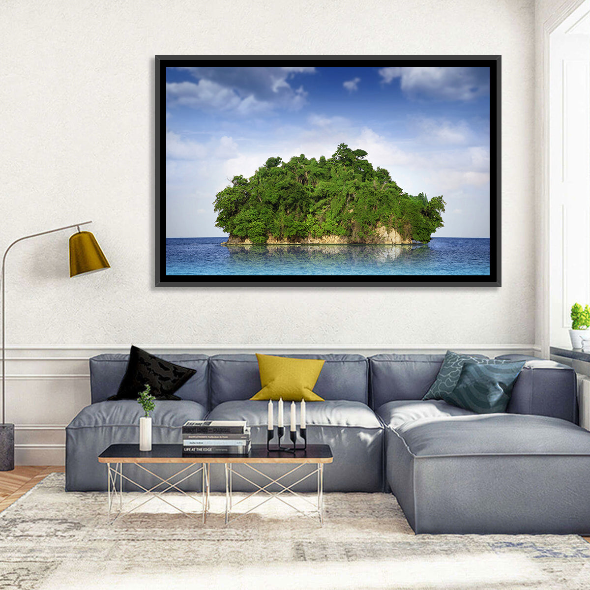 Tranquil Tropical Island Reflection Wall Art in a room, landscape