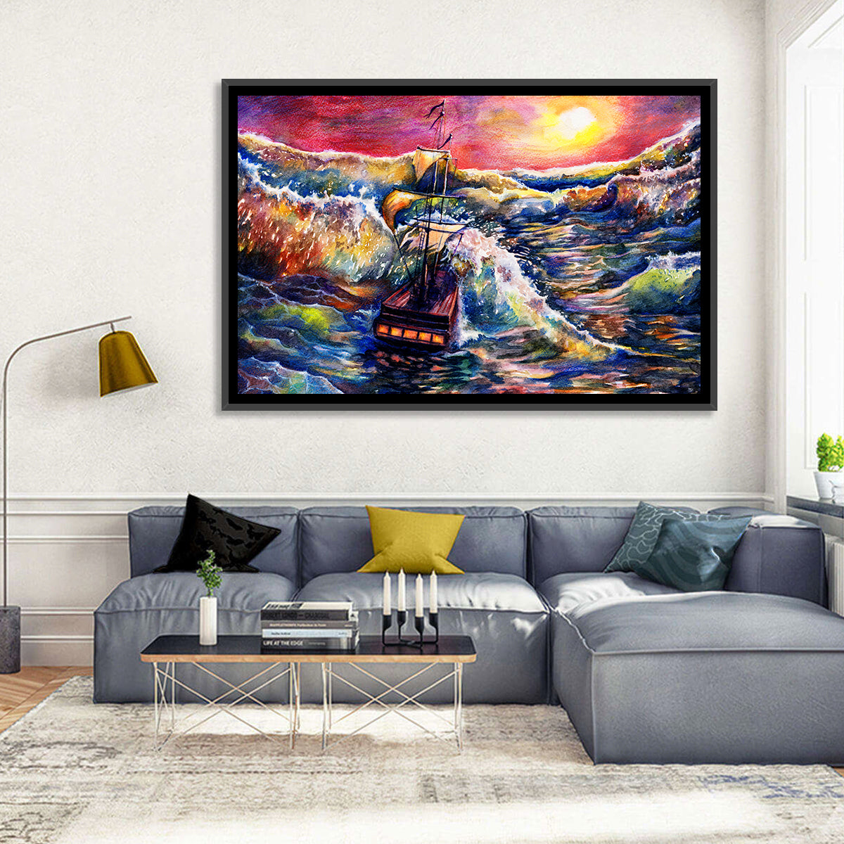 Stormy Sunset Sailing Ship Wall Art in a room, landscape