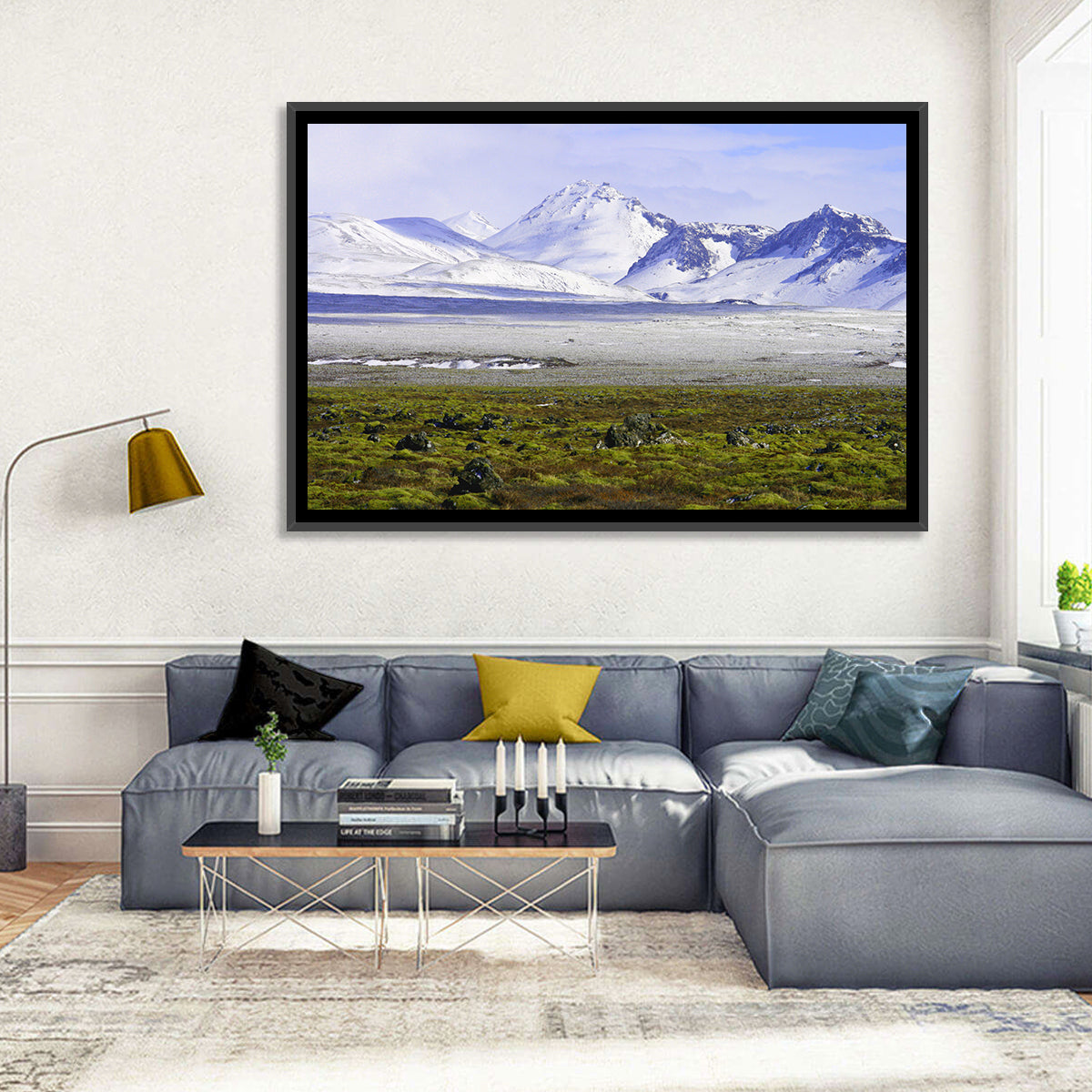 Icelandic Snow and Moss Landscape Wall Art in a room, landscape