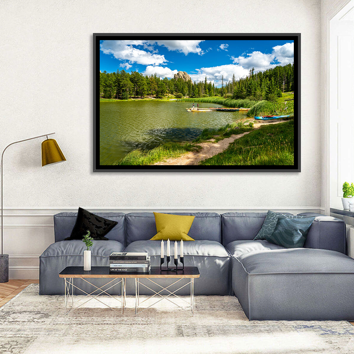 Sylvan Lake Dockside Scene Wall Art in a room, landscape