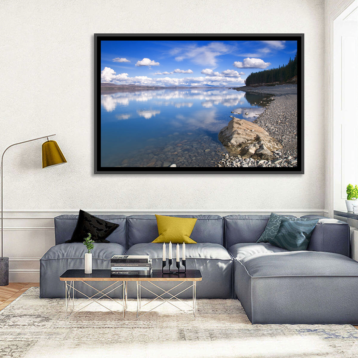 Pukaki Pebbled Shoreline Wall Art in a room, landscape
