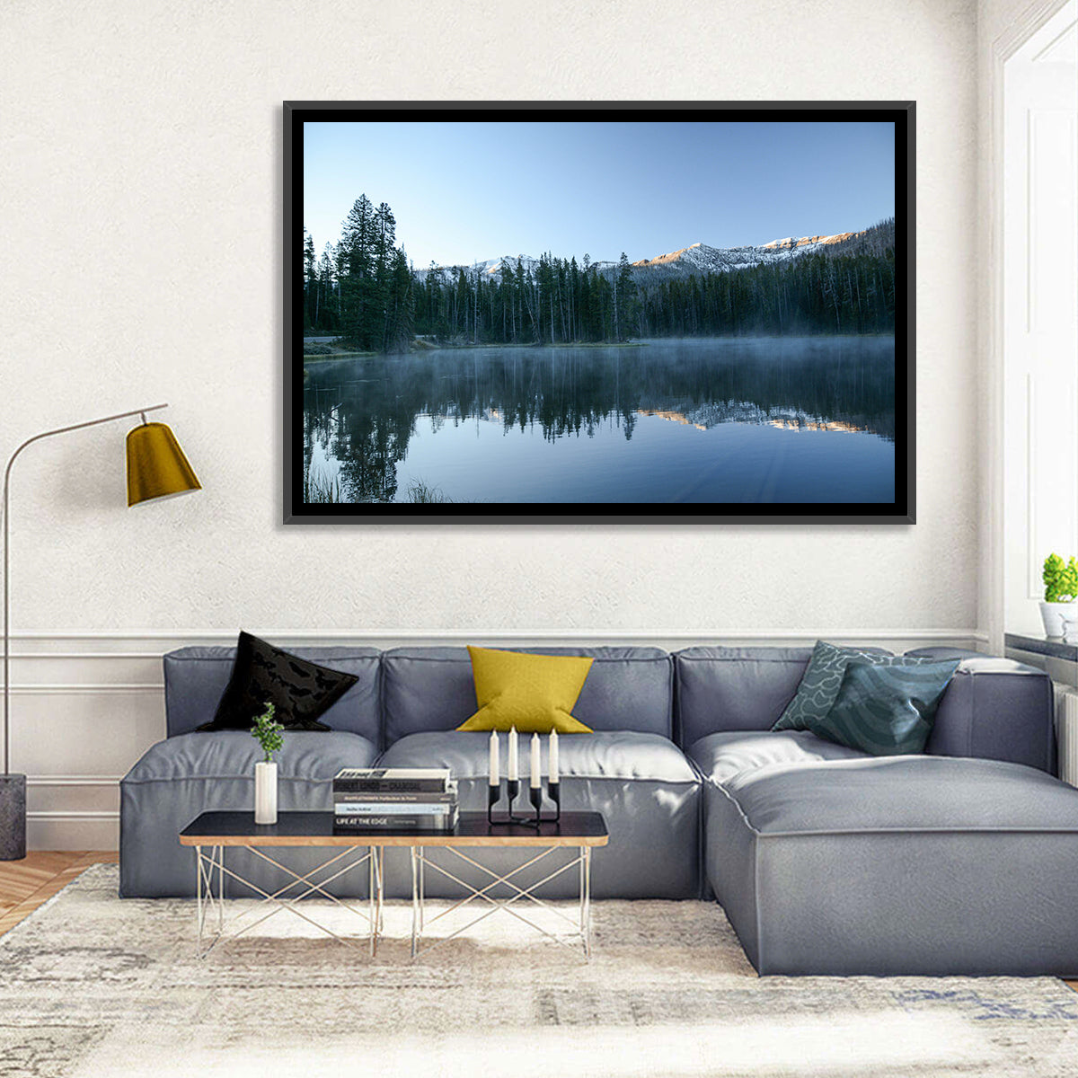 Sylvan Lake Morning Mist Wall Art in a room, landscape