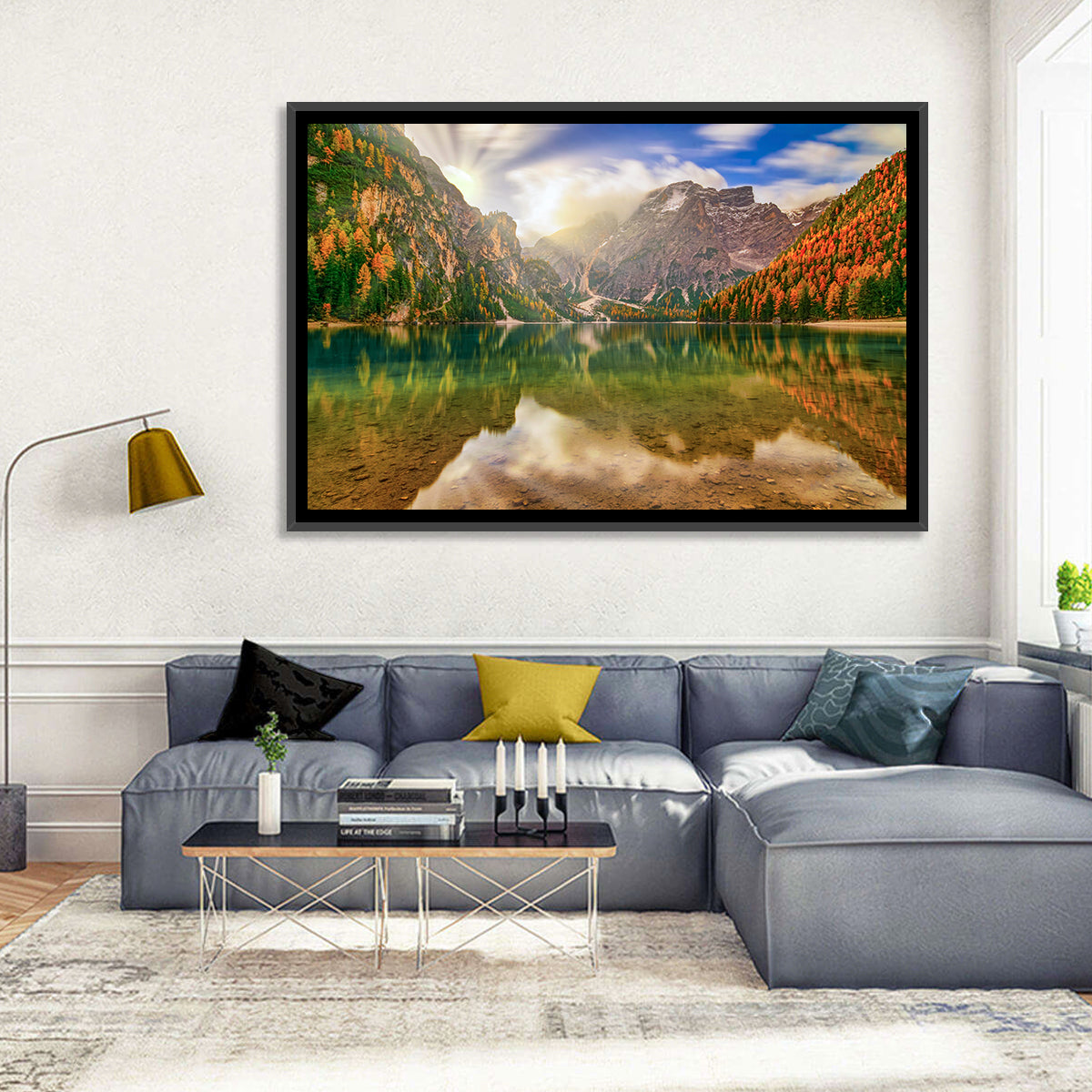 Lago Di Braies Sunrise Wall Art in a room, landscape