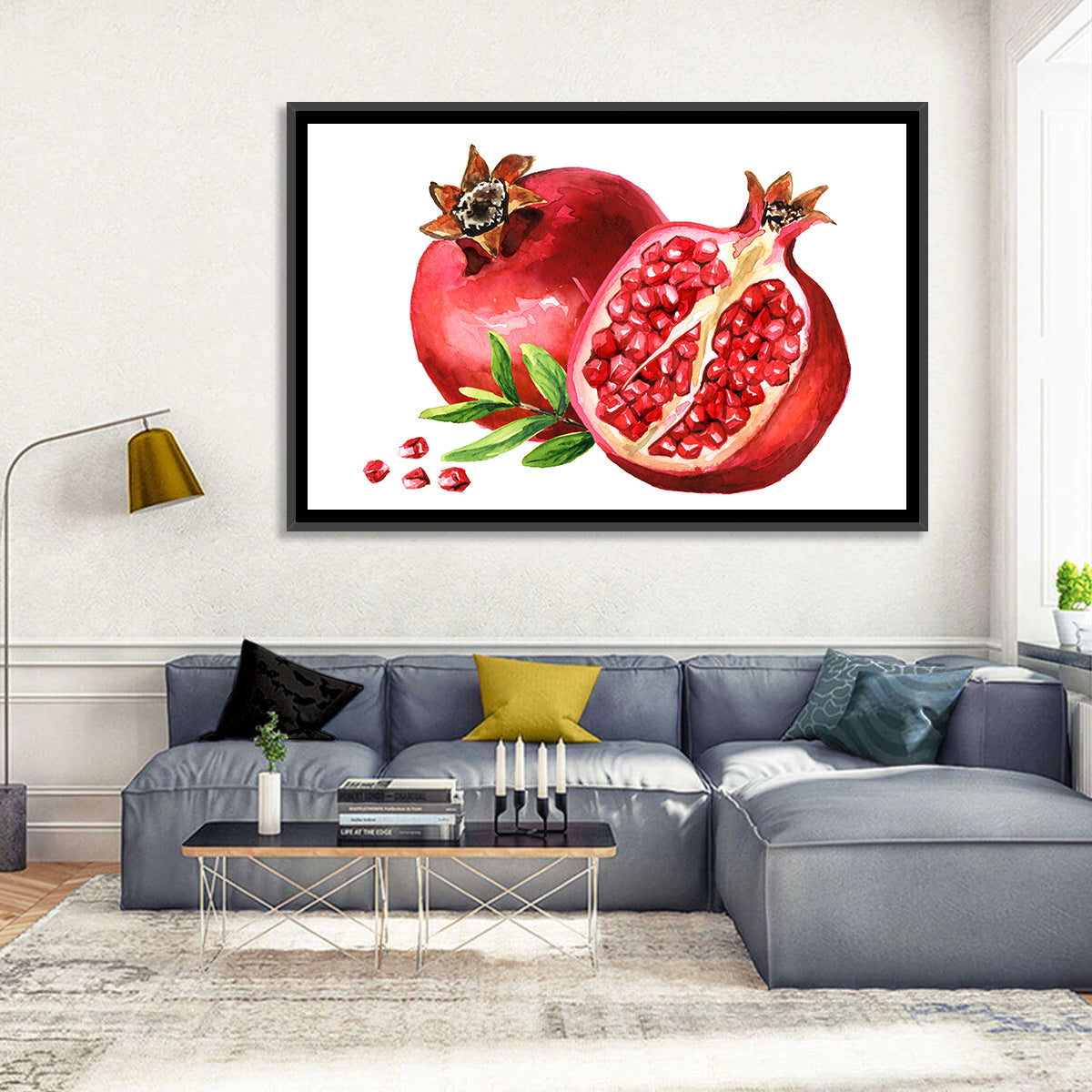 Fresh Pomegranate Watercolor Wall Art in a room, landscape