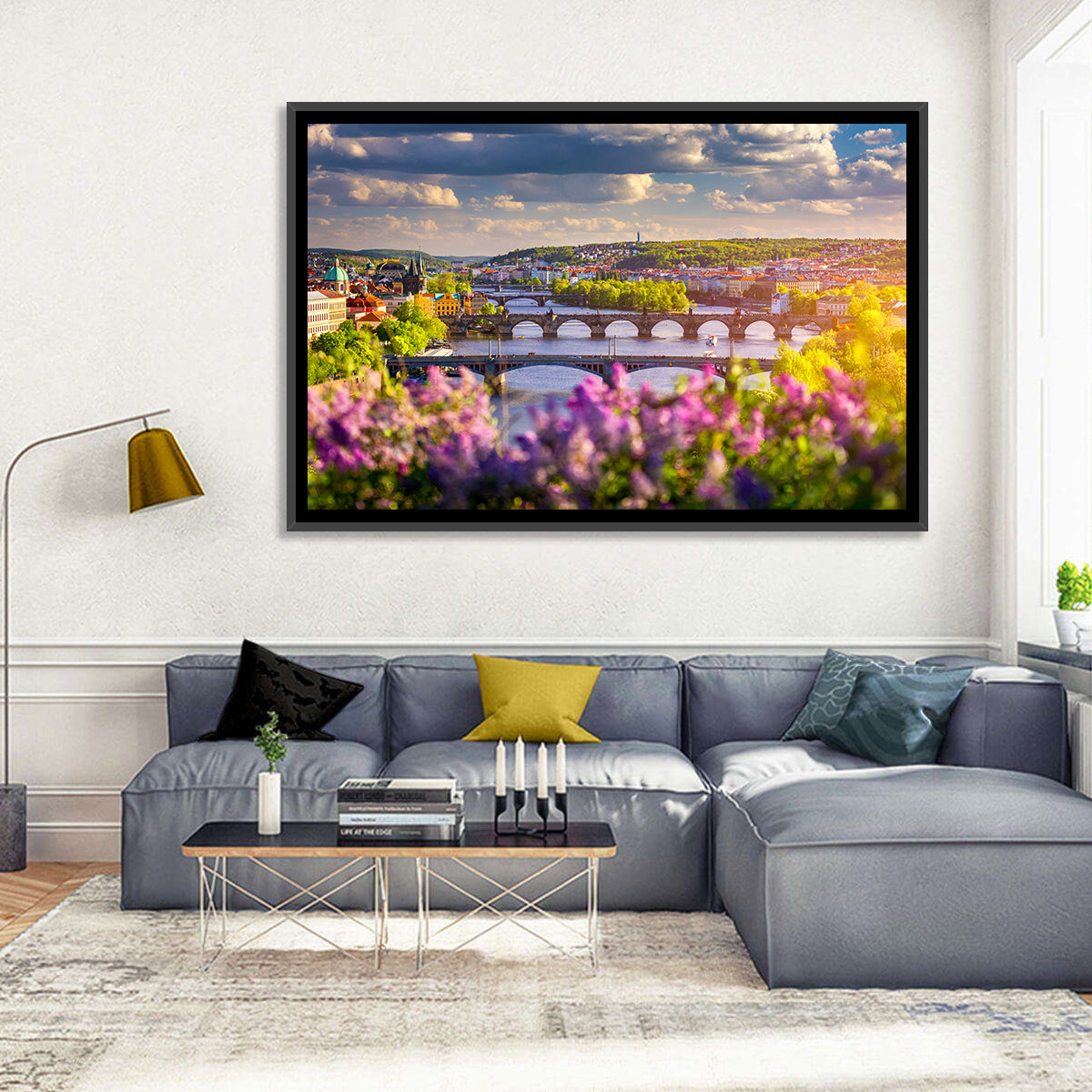 Prague Vltava Bridges in Spring Light Wall Art in a room, landscape