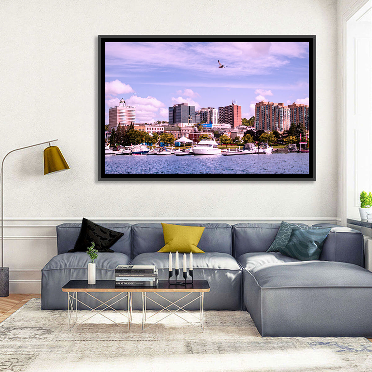 Barrie Lakefront Skyline Wall Art in a room, landscape
